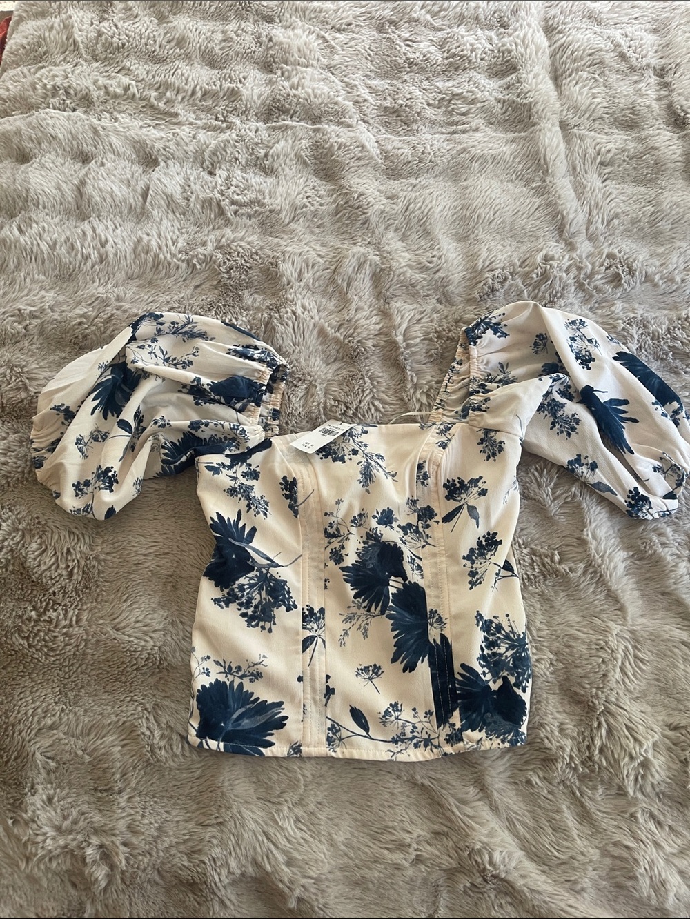 Abercrombie & Fitch Cream Square-Neck Puff Sleeve Top with Blue Floral Print